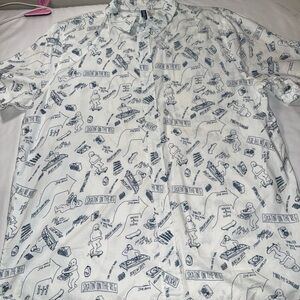 H&M Skater Divided White and Blue Graphic Button Down Shirt